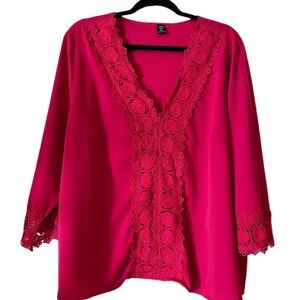 SHEIN Hot Pink Lace Trim Blouse, 2X